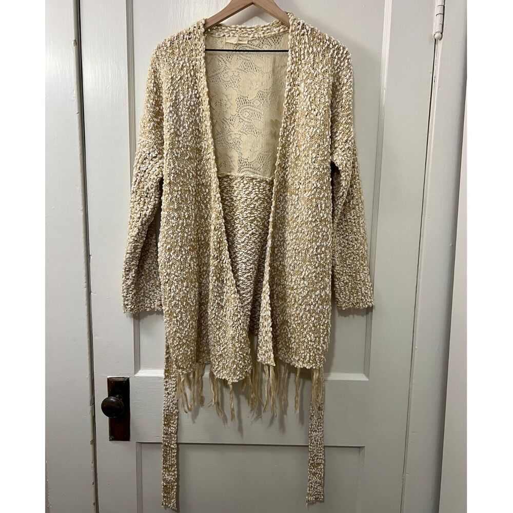 Ryu Women's Tan White Popcorn Long Open Cardigan With Tie Size S / M